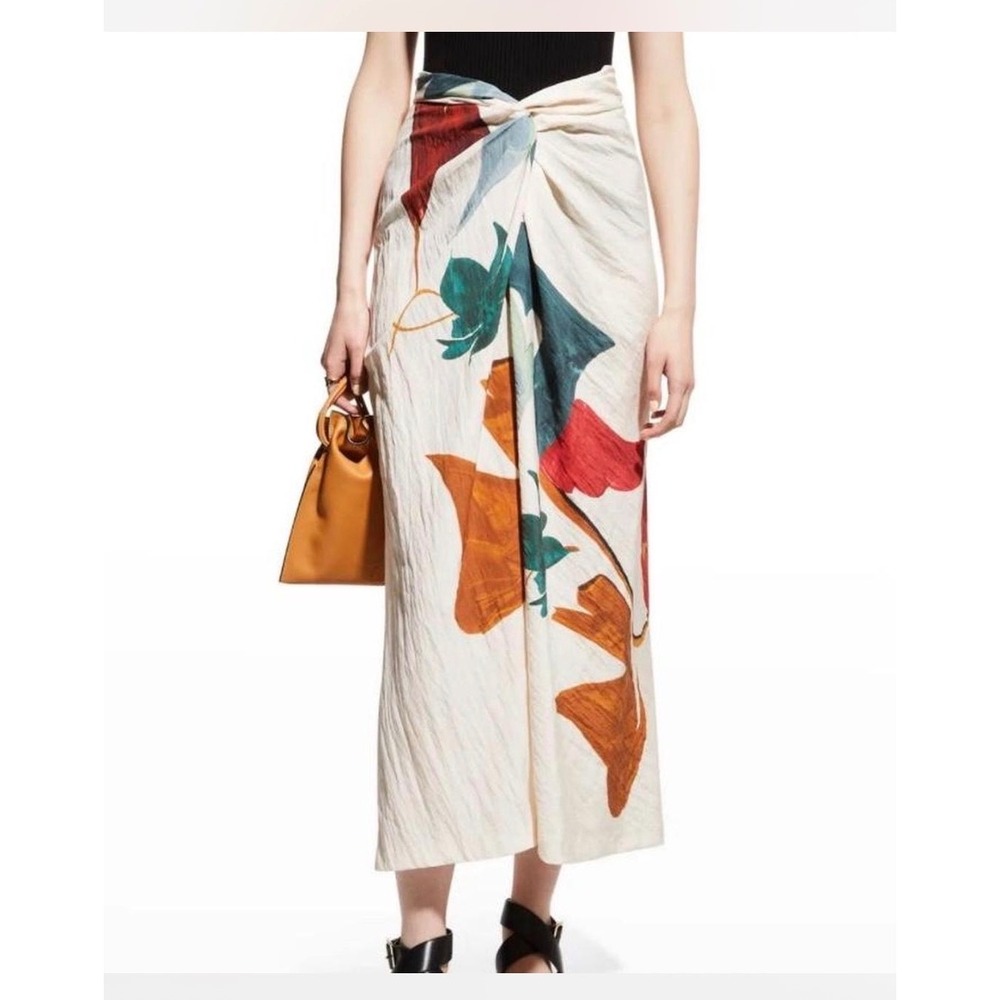 Vince Twisted Front Tropical Print Maxi Skirt Tencel Blend Cream Multi Small
